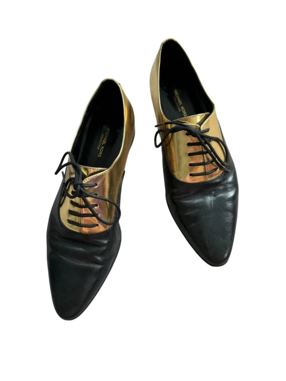 MICHAEL KORS Collection Gold Black Leather Oxford Flats Size 38 / 8